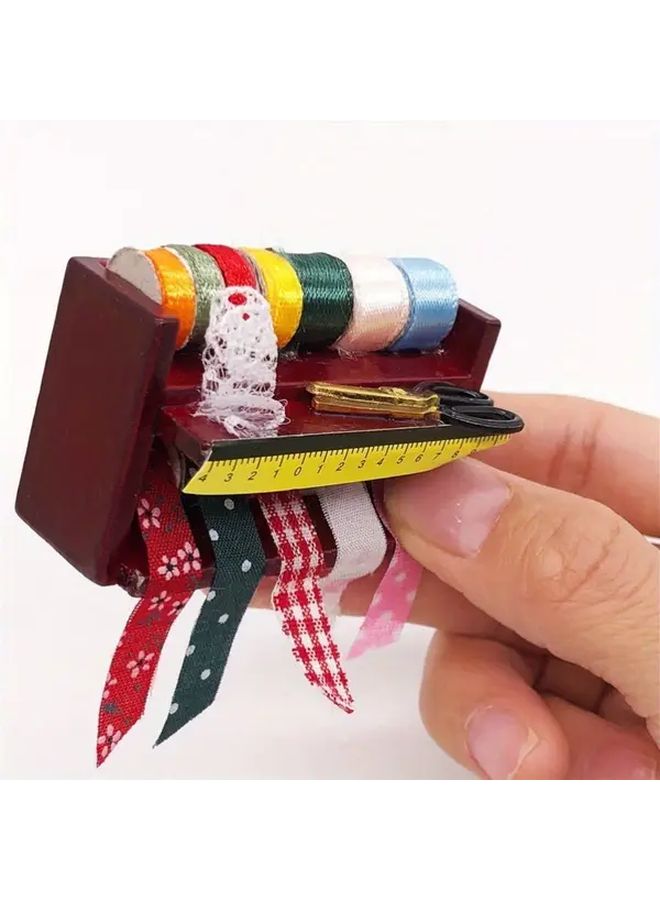 Mahogany Miniature Dollhouse Sewing Tool Box With Scissors Ruler And Needle Holder - Image 4